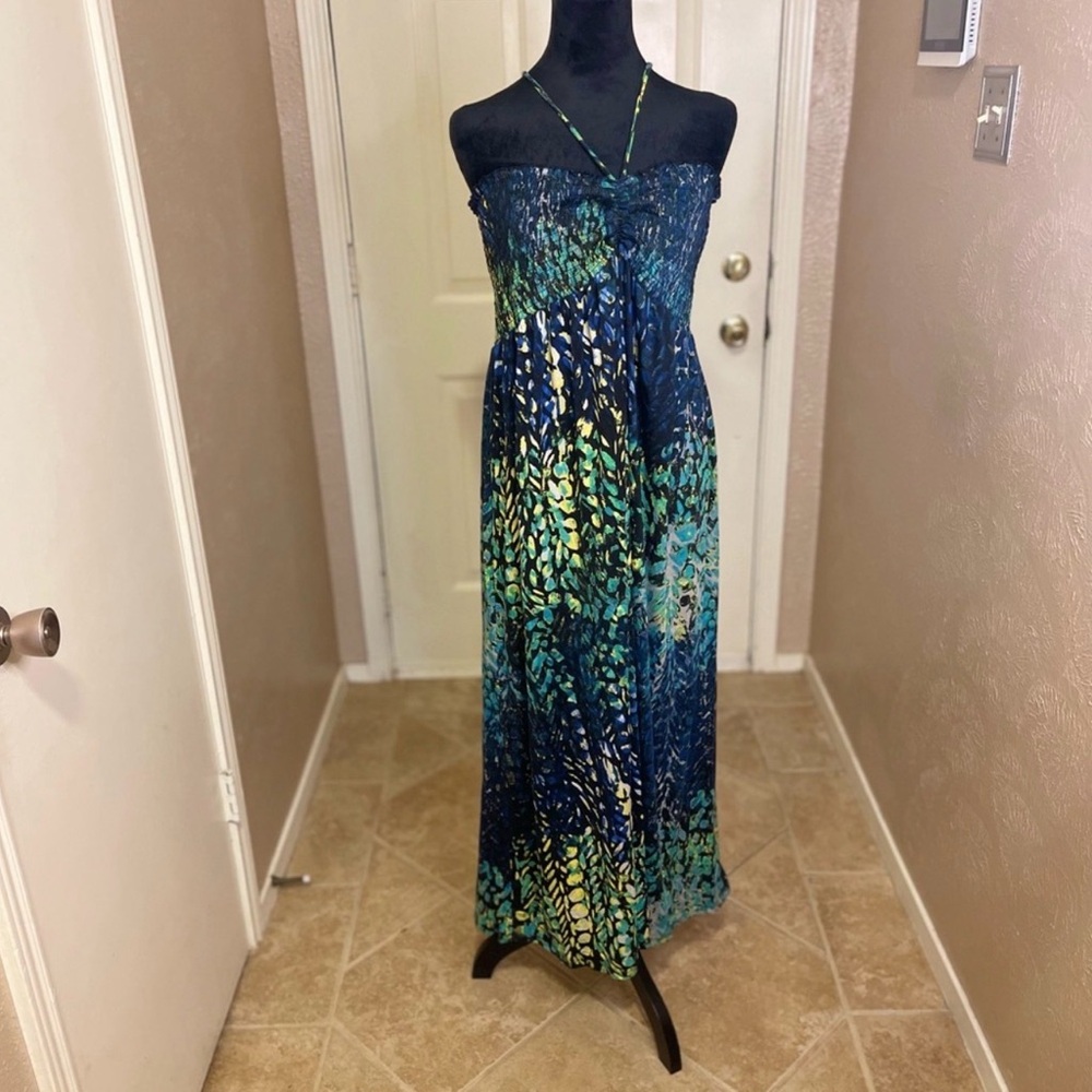 ***** SOLD SOLD SOLD *****
Fire Los Angeles Vibrant Blue and Green Maxi Dress